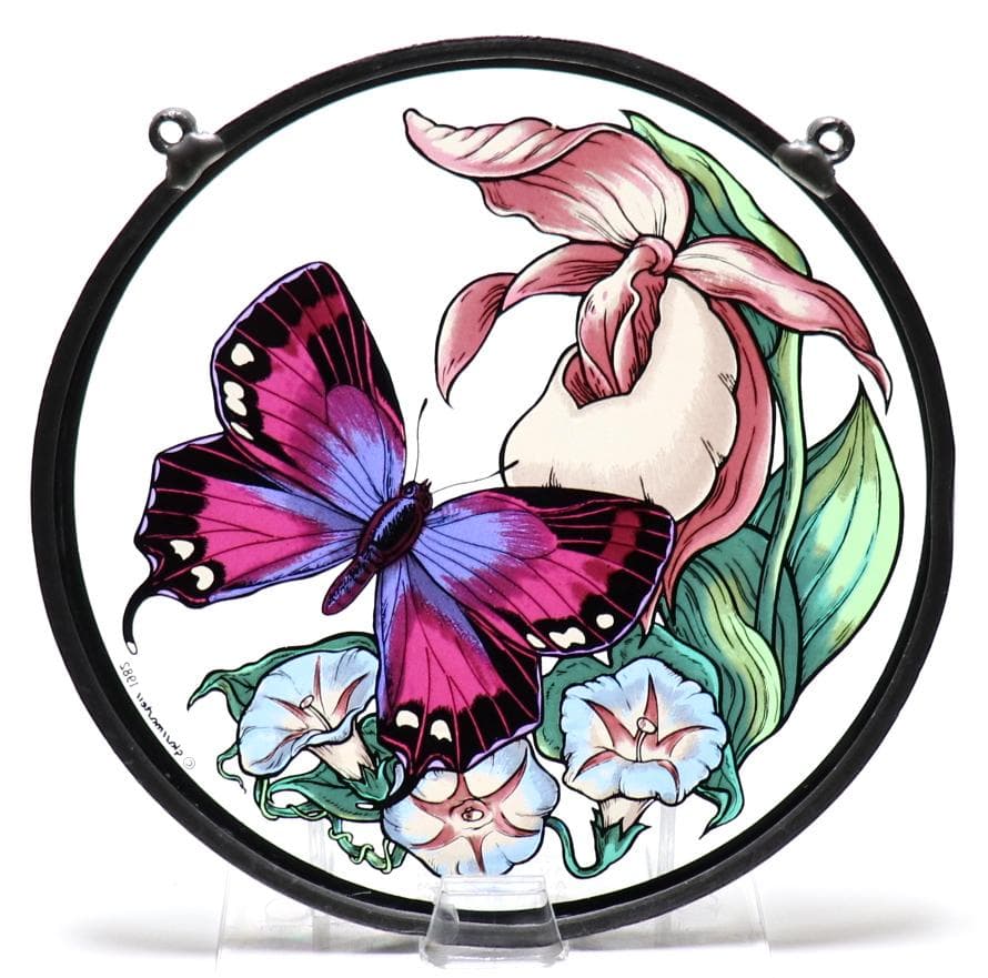 紫色の蝶と花 ヴィンテージ ステンドグラス グラスマスターズ社 バタフライ