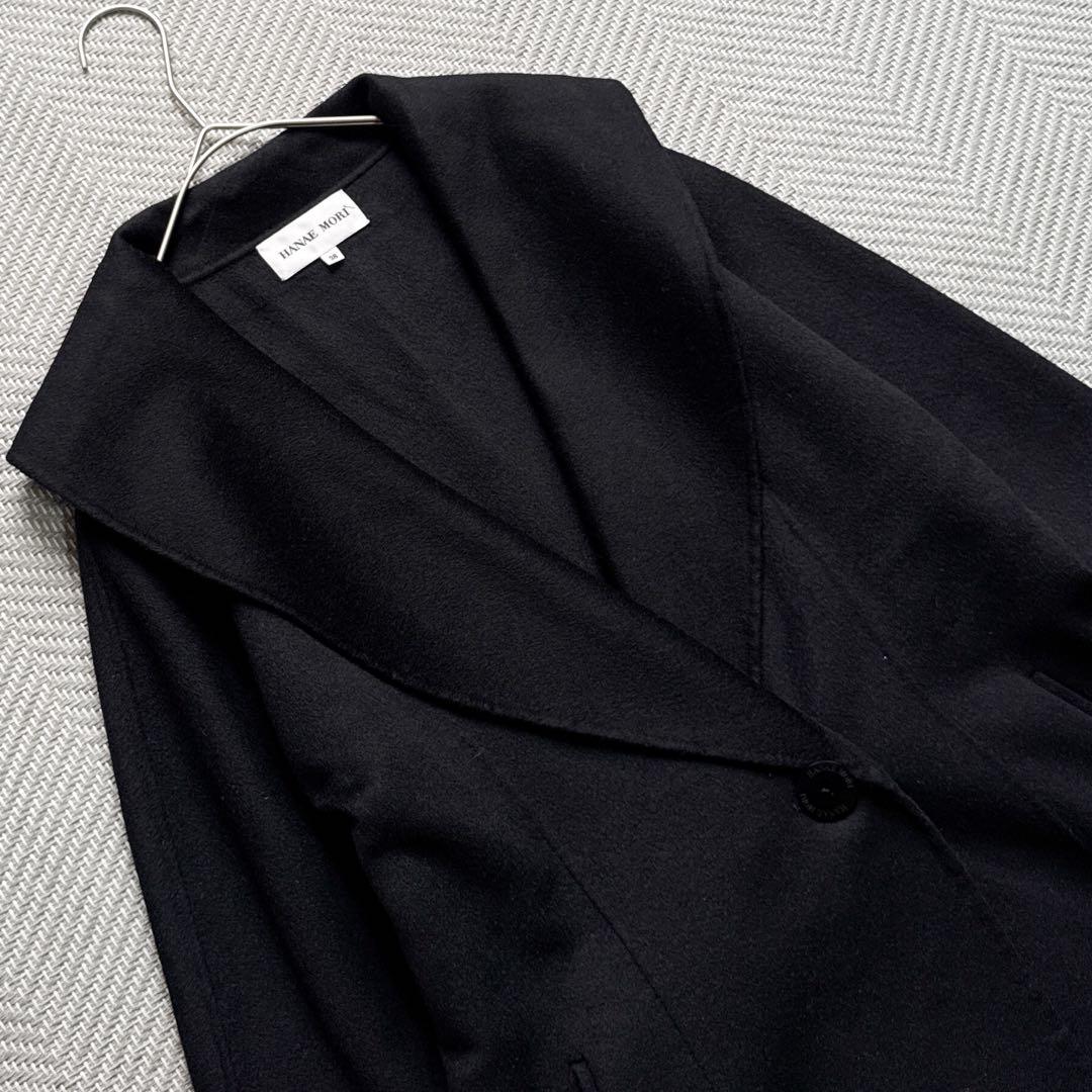 極美品 ハナエモリ カシミヤ100% リバーコート ベルスリーブ 女優襟 黒 M