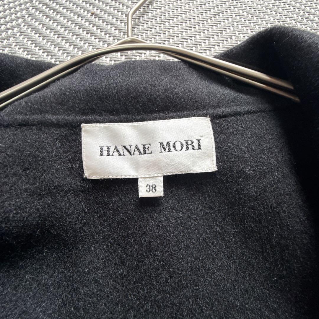 極美品 ハナエモリ カシミヤ100% リバーコート ベルスリーブ 女優襟 黒 M