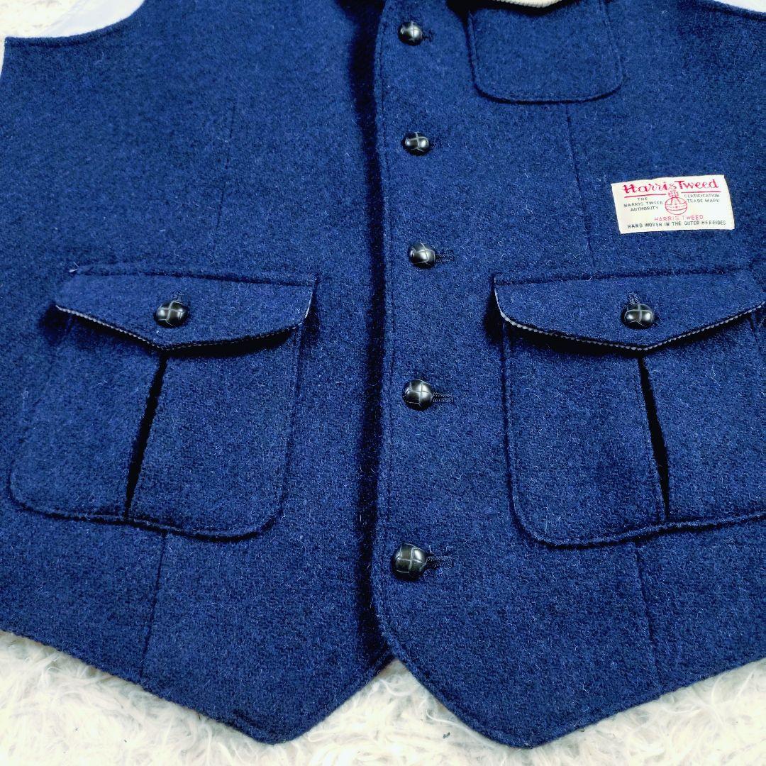 [お洒落]ハリスツイード　ミツミネ　ベスト　 濃紺　くるみボタン　コーデュロイ