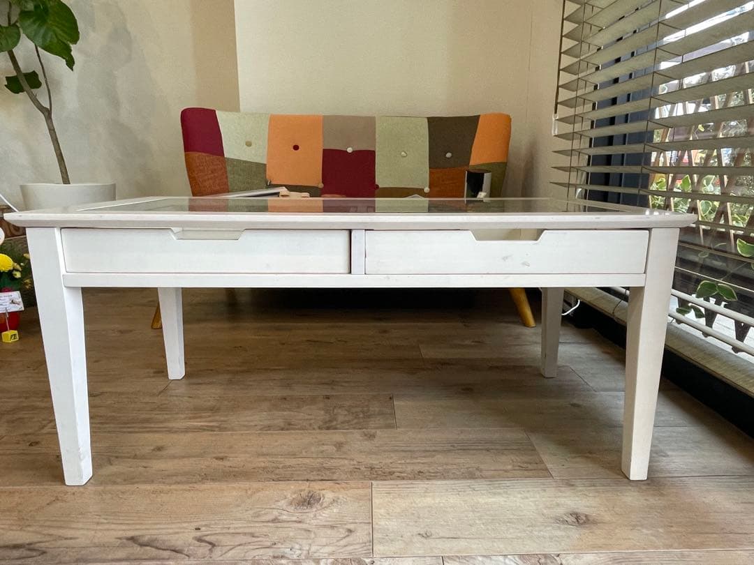 ホワイト ガラステーブル 引き出し付き