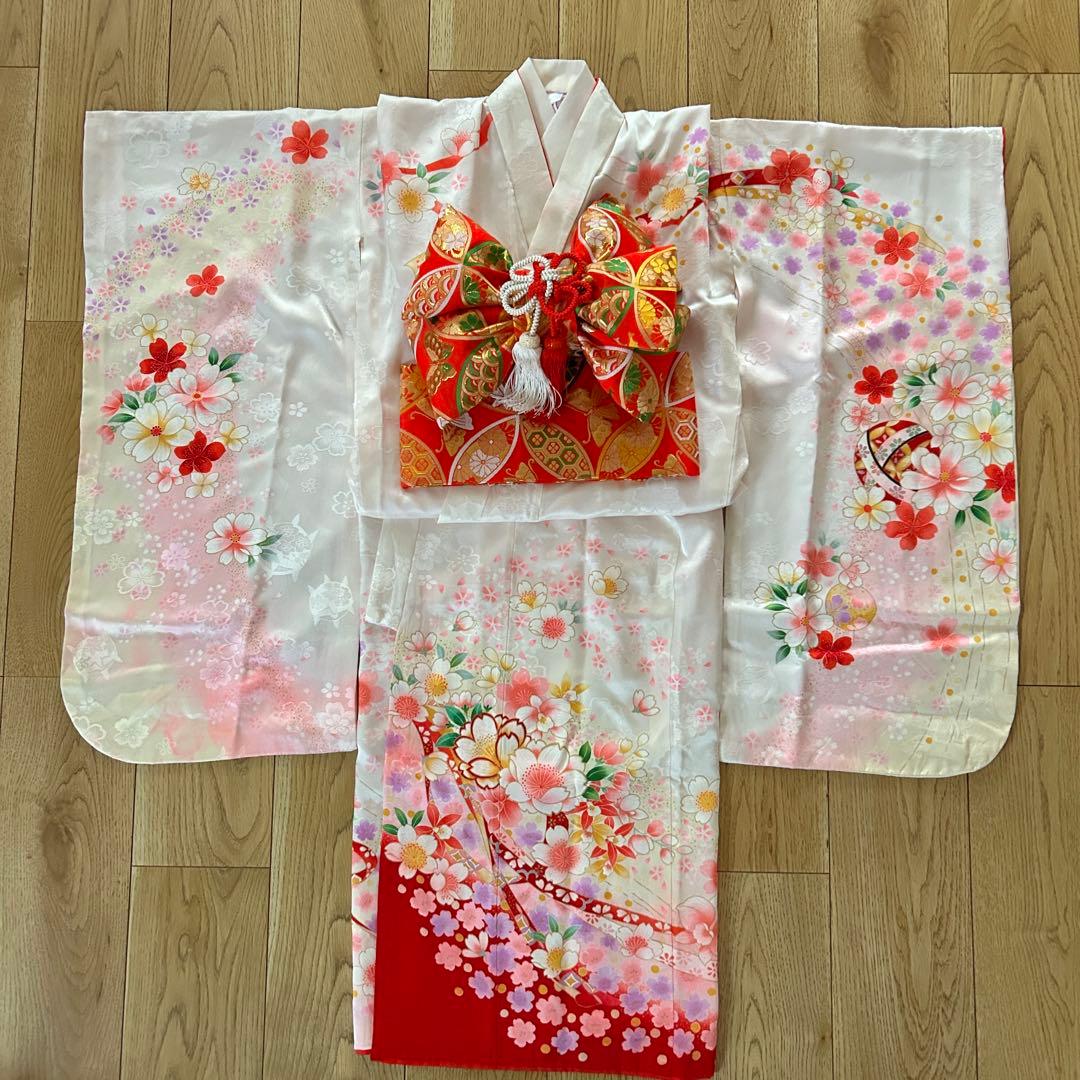 正絹　七五三 女の子7歳着物・帯セット　白　レトロ　アンティーク　日本製