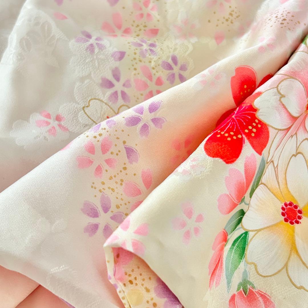 正絹　七五三 女の子7歳着物・帯セット　白　レトロ　アンティーク　日本製