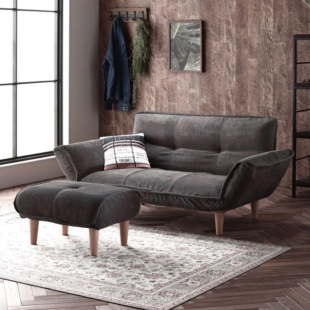 日本製 リクライニング2人掛けソファ+オットマン（チャコールグレー）