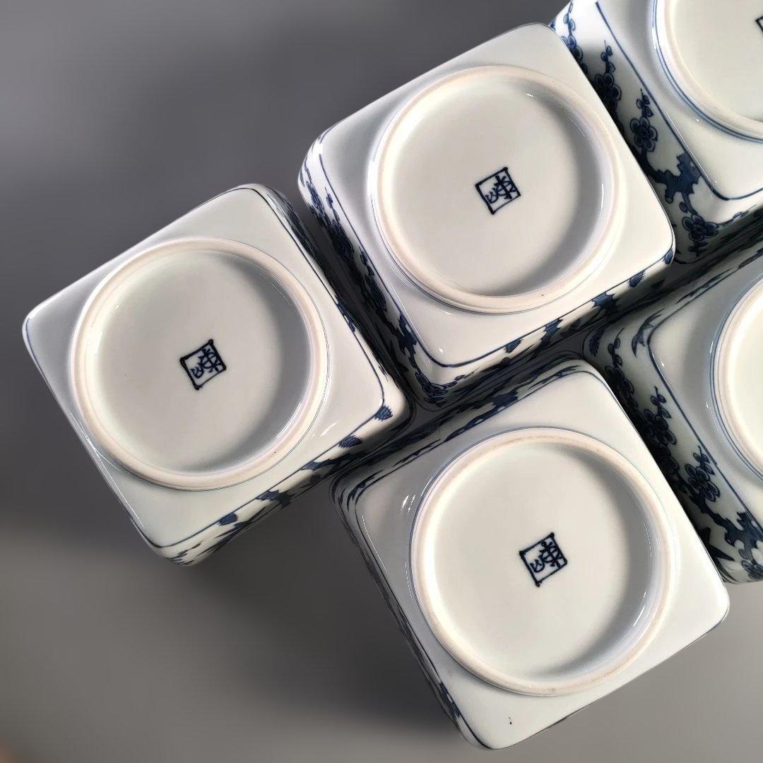 A1365-9/京焼/宮永東山 造/染付松竹梅図四方刺身揃 大5客・小5客/共箱