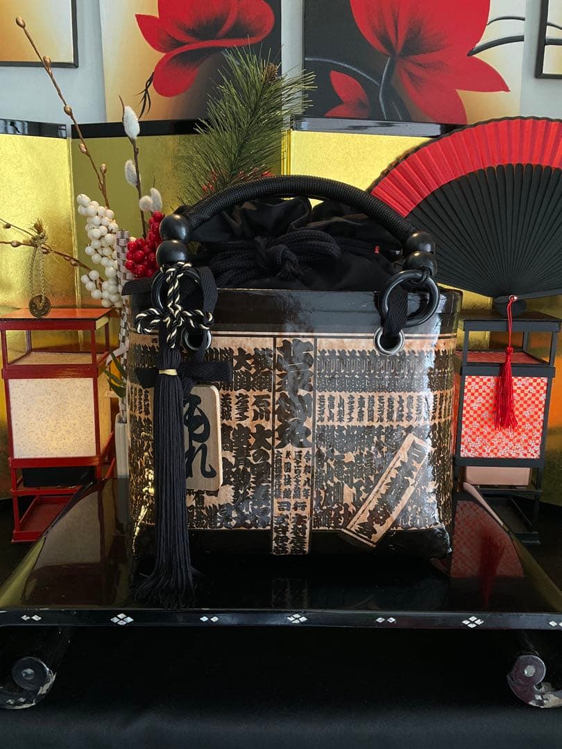 一閑張り　大相撲　相撲番付表　和風　かごバッグ　柿渋　一閑張りバッグ