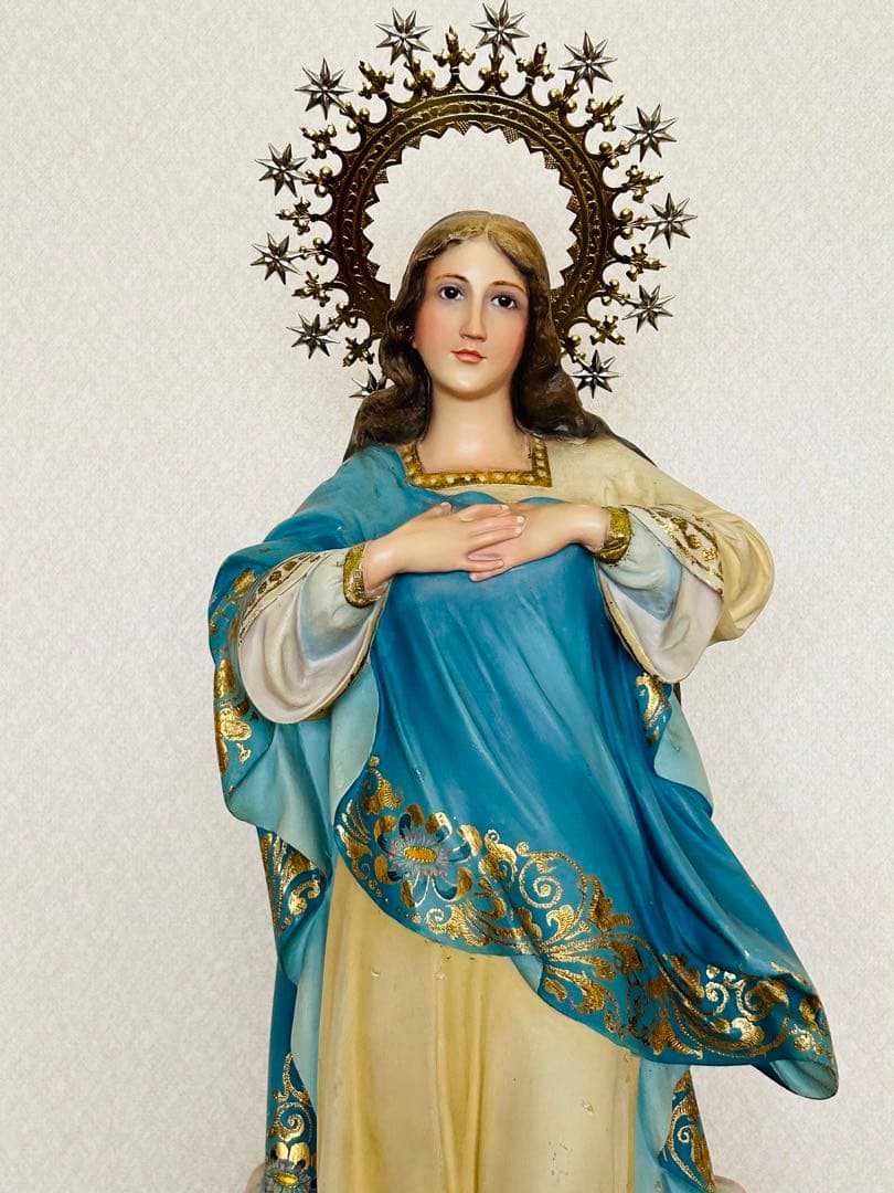 【超超希少美顔】✞無原罪の御宿り 胸に手を当てる聖母マリア像　宗教彫刻
