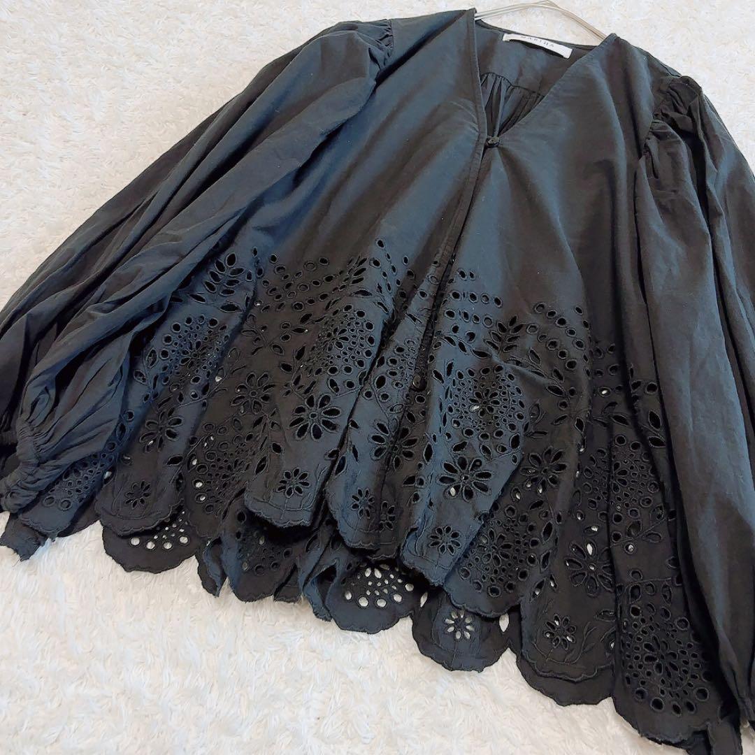 美品✨マリハ 春の訪れのブラウス 別注 ボリュームスリーブ 黒 綿 36