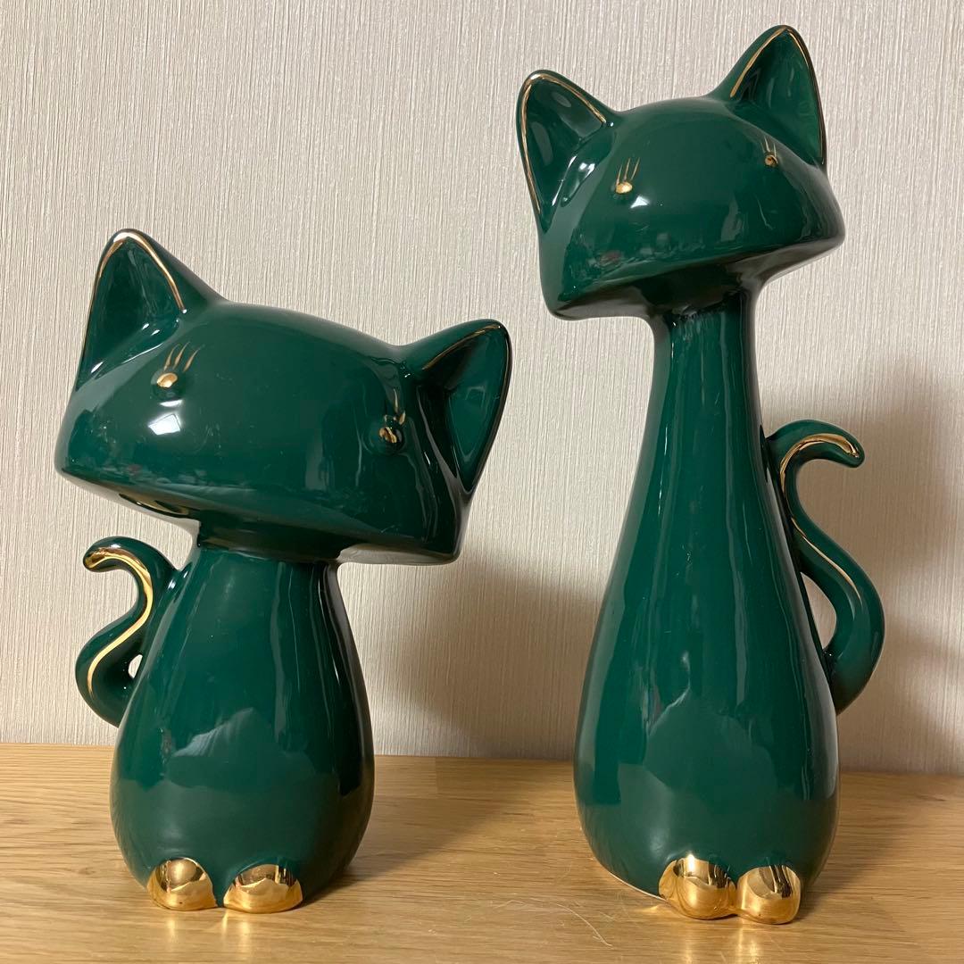 陶器製　猫　ネコ　ペア　グリーン　置物
