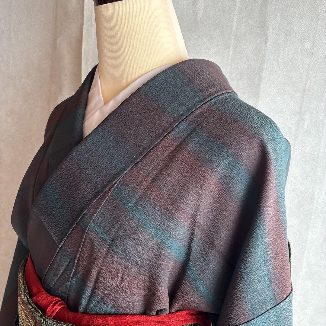 小紋　フルセット　着物　トールサイズ　正絹　大人着物　深色格子　粋　J1
