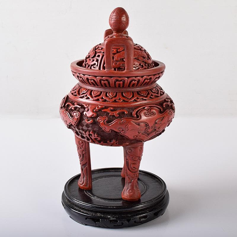 中国　剔紅　堆朱　神獣彫　香炉　唐木台付　D　R8251