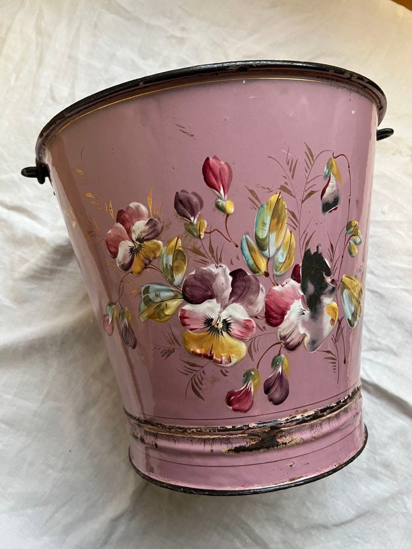 希少♡フランスアンティーク　ピンク　手描き　ホーロー　バケツ　ハンドペイント