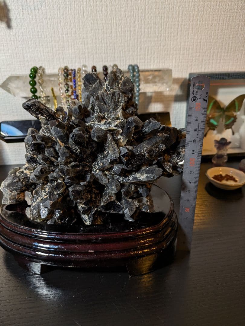 超高品質✨ 大迫力！ モリオン クラスター 木製台座付き 黒水晶