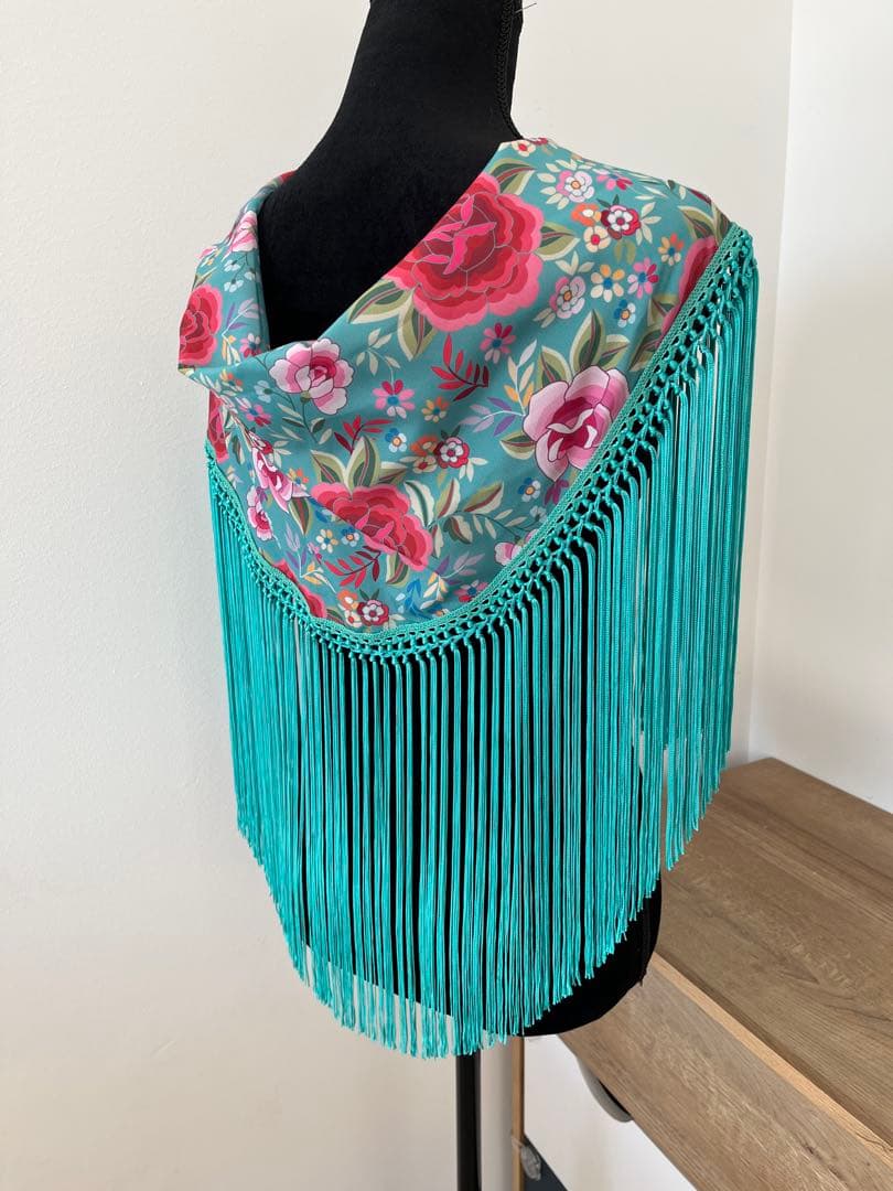 フラメンコ　マントンシージョ ブルーグリーンxマントン風花柄　ブルグリフレコ