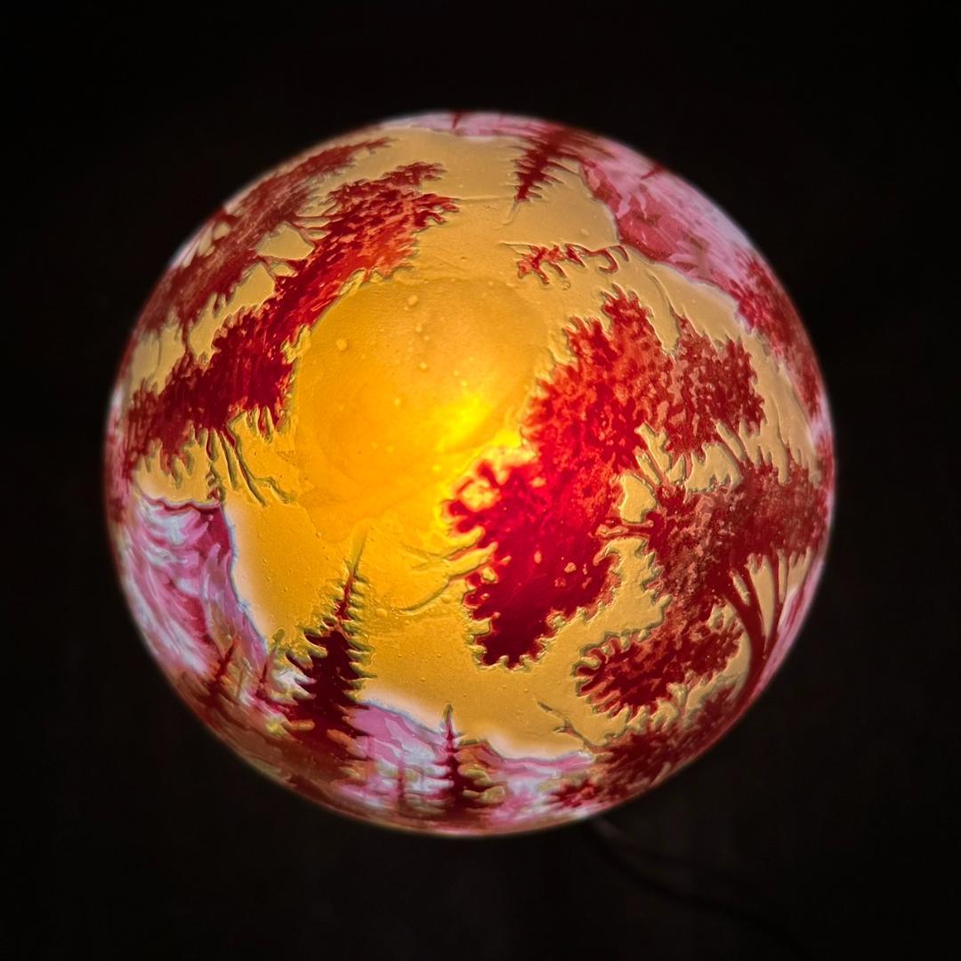 エミールガレ 2灯　山景文　台座真鍮　カメオ彫り　被せガラス　高さ32cm