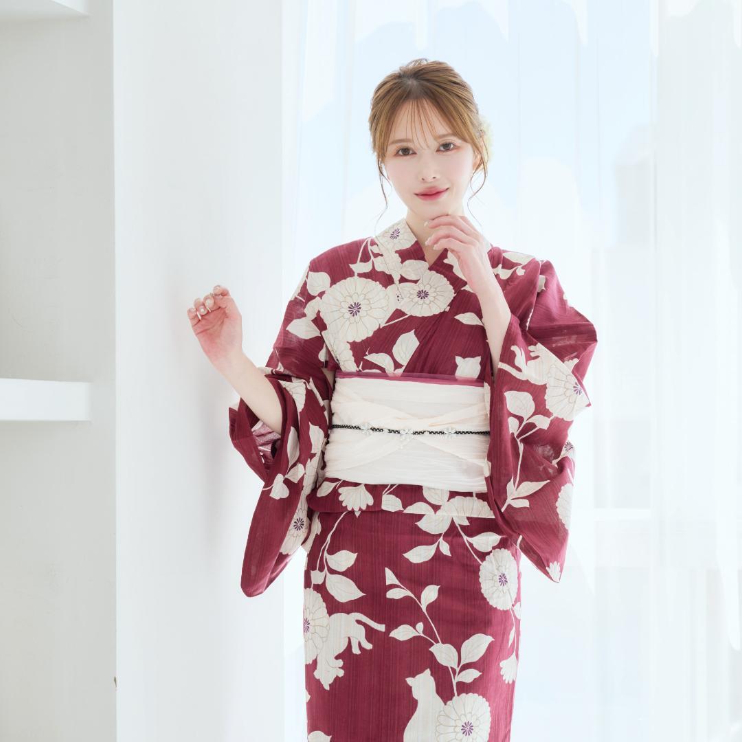 新品 浴衣のみ　帯無しえんじ 白 Y5-7