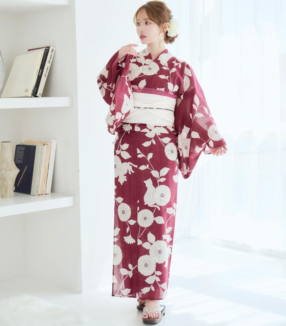 新品 浴衣のみ　帯無しえんじ 白 Y5-7