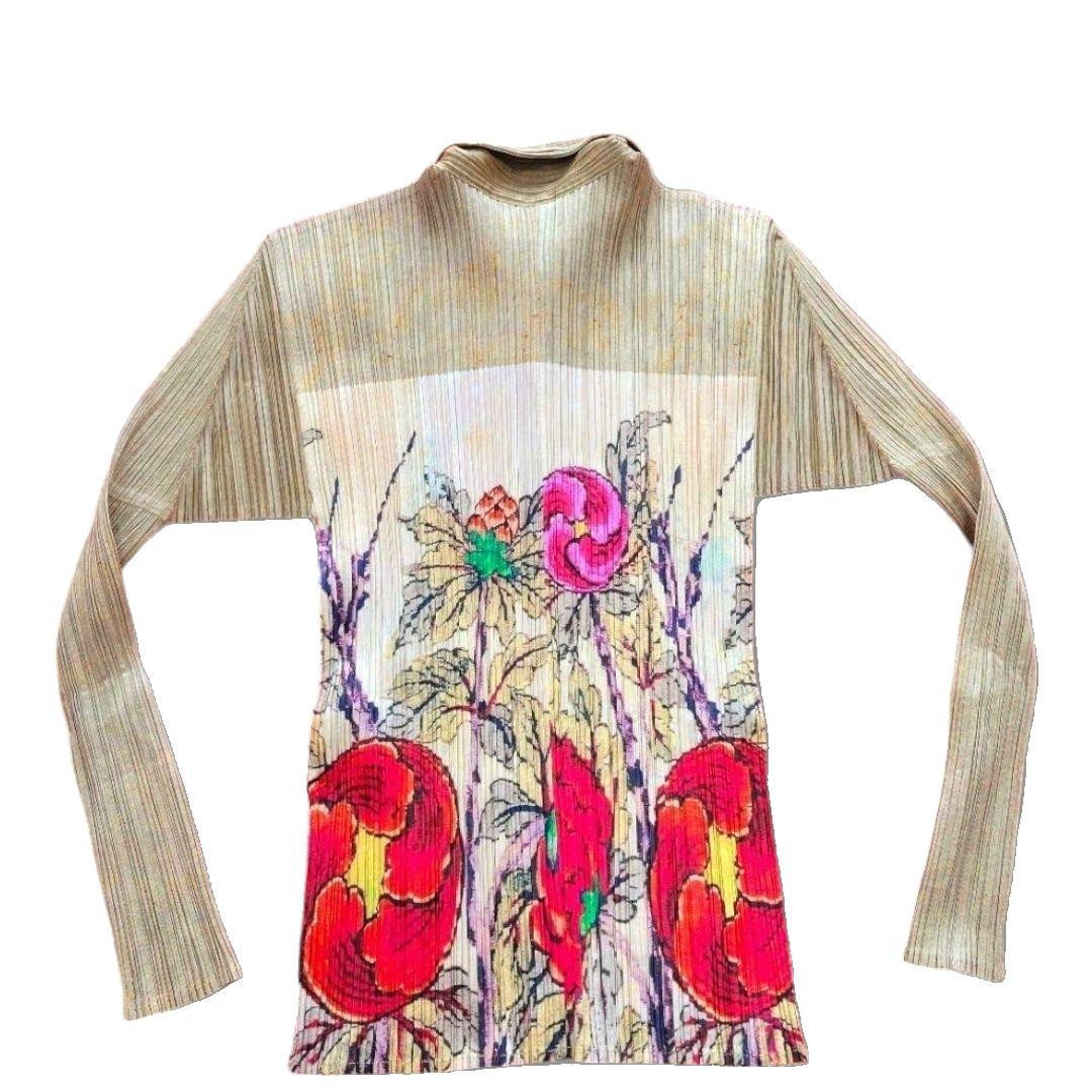 希少　名作　1998 プリーツプリーズ　日本画　花柄 牡丹 長袖シャツ