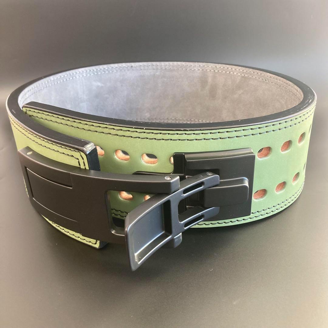 パワーベルト レバーアクション Lサイズ ワンタッチ可変式 本革 緑 黒ステッチ