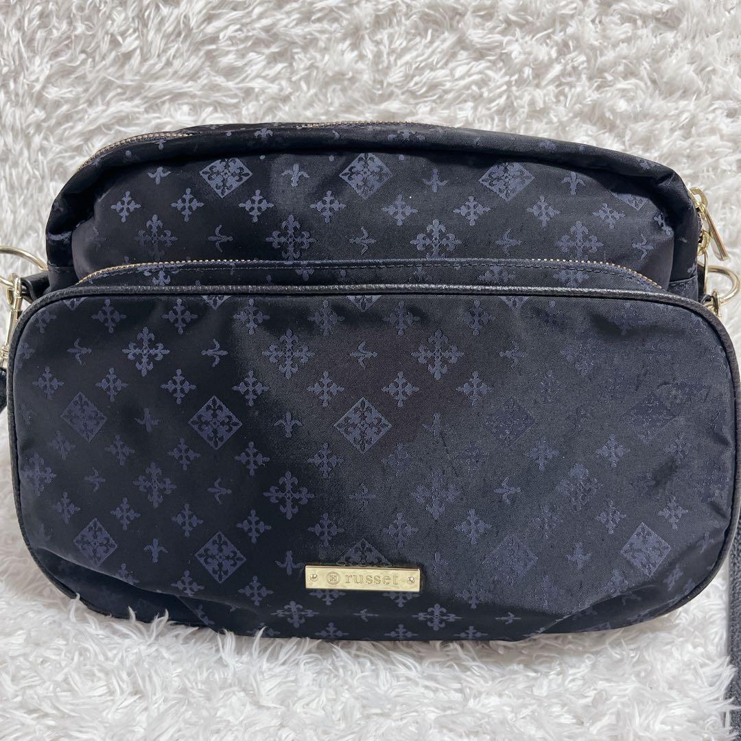 未使用品✨russet ショルダーバッグ　モノグラム　総柄　紺　ロゴ金具　保存袋