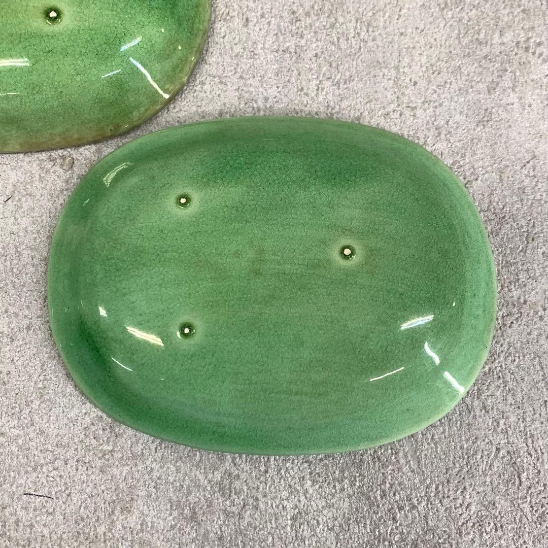 小皿5点 珉平焼 小判型 龍 淡路 人気 タイルグリーン 古皿 手塩皿 緑 翠