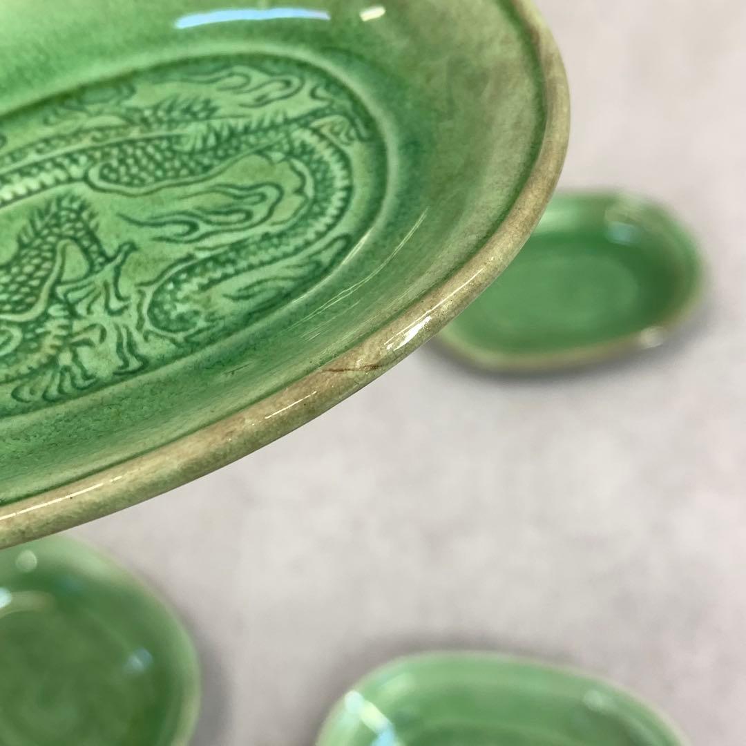 小皿5点 珉平焼 小判型 龍 淡路 人気 タイルグリーン 古皿 手塩皿 緑 翠