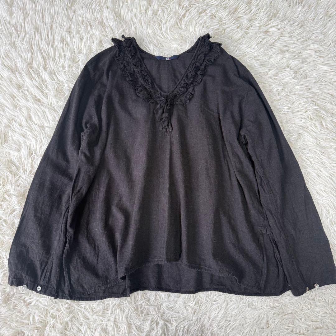 45R コットン100% フリルブラウス ブラック やわらか素材 ナチュラル風合