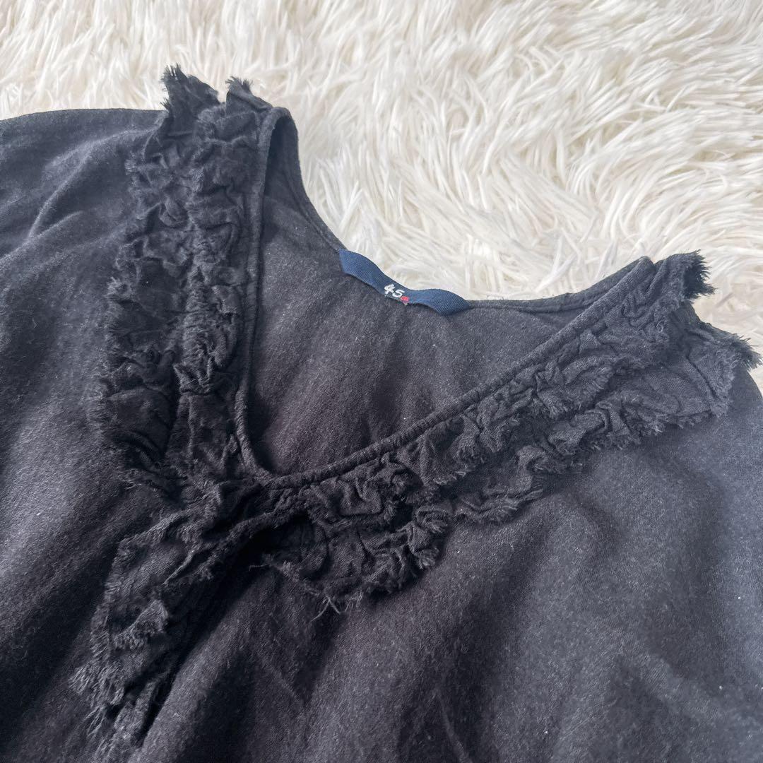 45R コットン100% フリルブラウス ブラック やわらか素材 ナチュラル風合