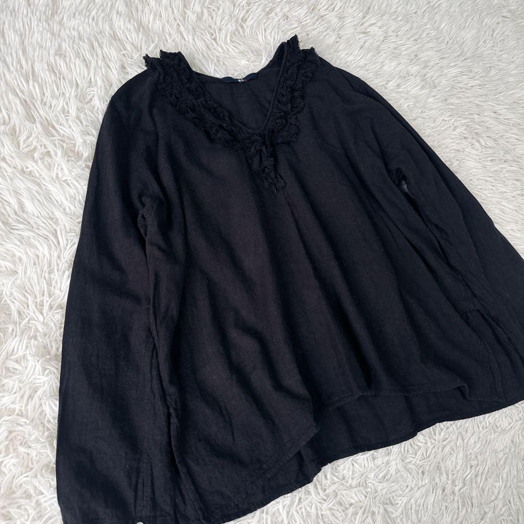 45R コットン100% フリルブラウス ブラック やわらか素材 ナチュラル風合