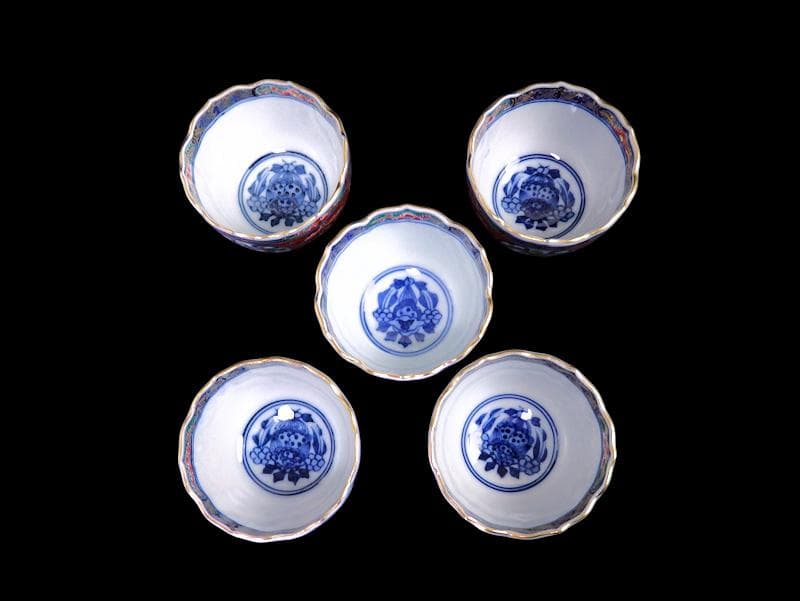 大聖寺伊万里　金襴手　窓絵　松竹梅の図　猪口　５客　E047AS-DCf