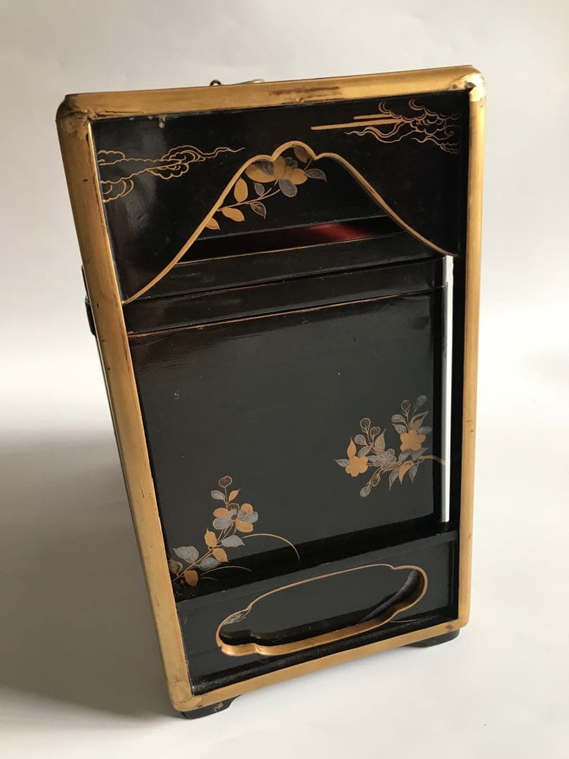 江戸 明治時代 骨董 漆器 金蒔絵　野弁当　重箱 風景花絵　黒塗内朱　天然木