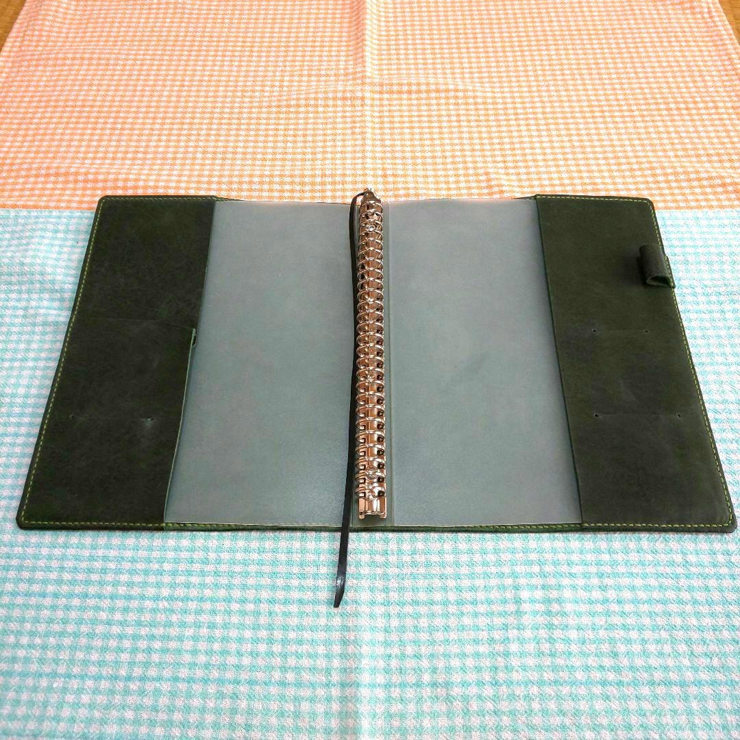 オイルワックスヌメ革 ダークグリン レザーカバー、B5 26穴バインダー付