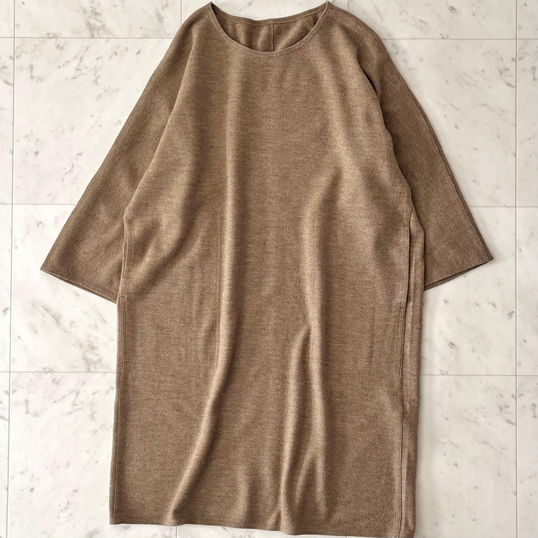 美品＊ババグーリ ウールチュニックワンピースM ベージュブラウン系 クルーネック