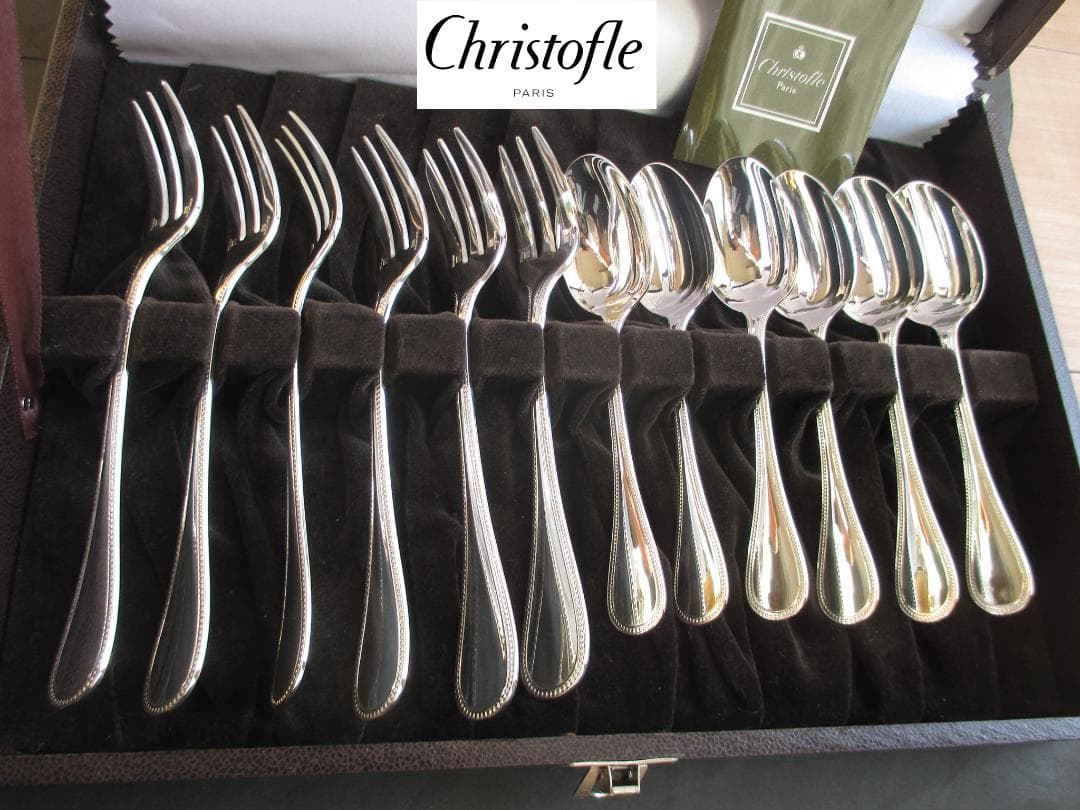 極美品☆高級銀器クリストフルシルバー銀Pカトラリー１２本　人気のパール　収納箱付