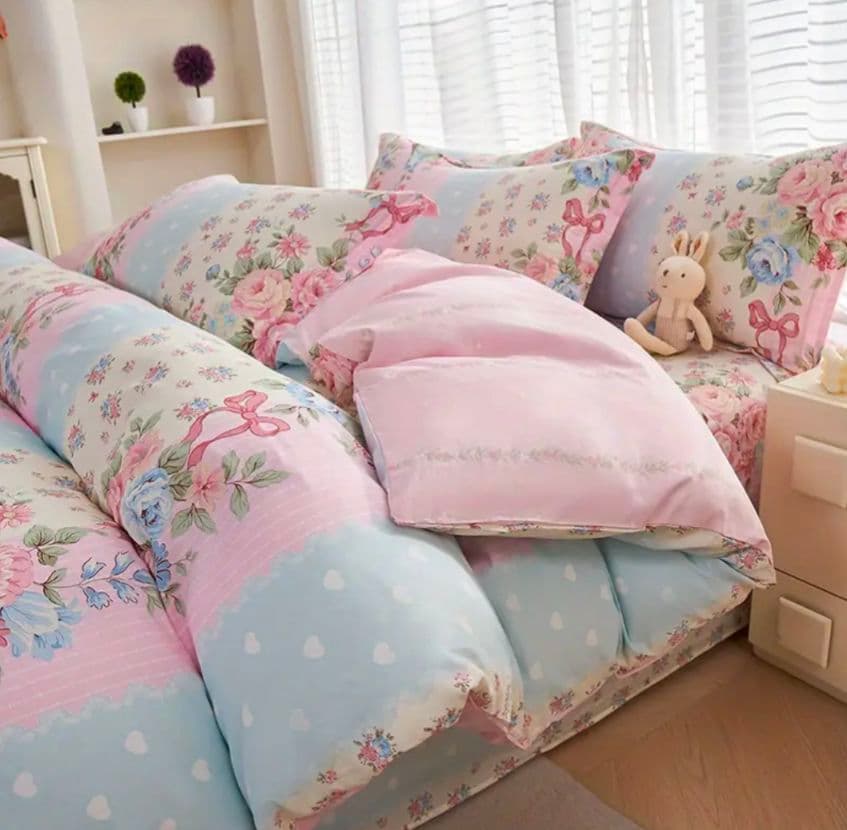 新品★薔薇ブーケと小花ストライプ綿100%シングル掛け布団カバー枕カバーセット