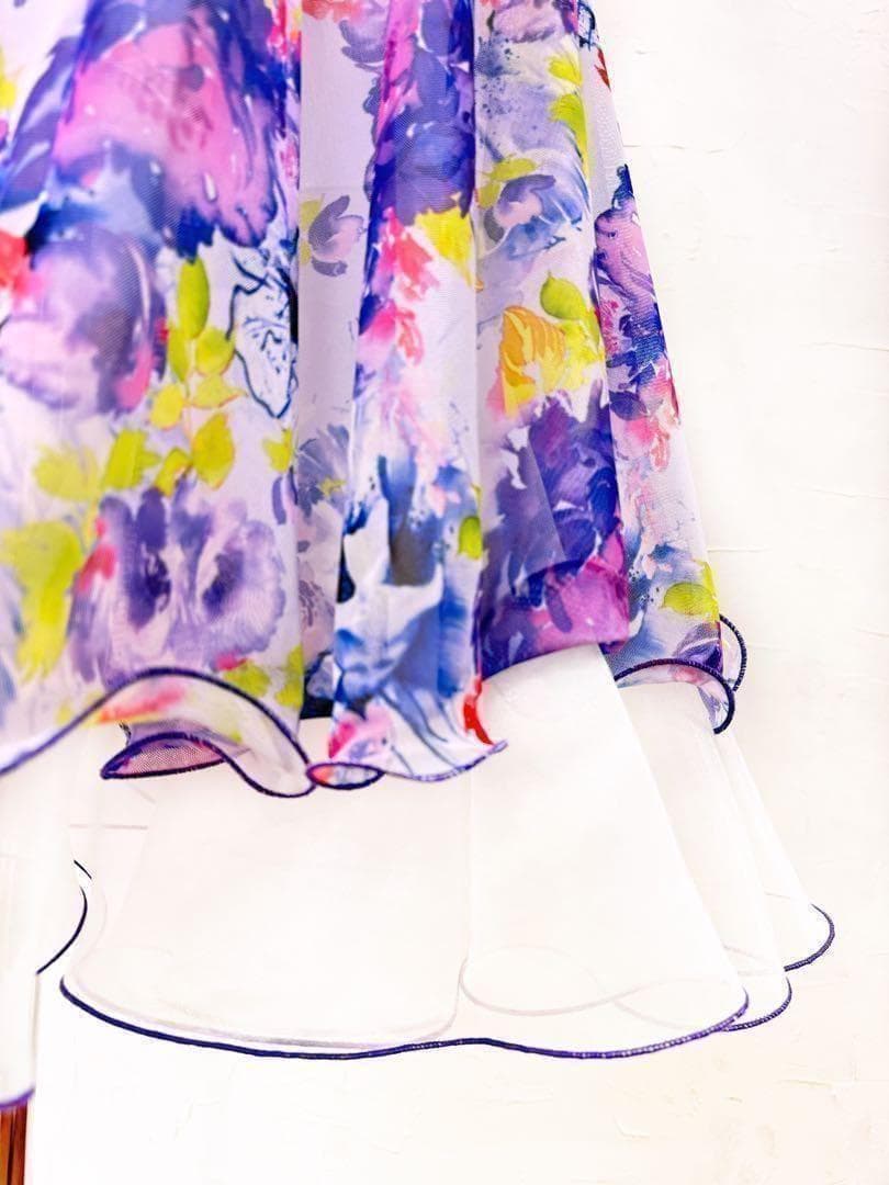 【花柄】新品 社交ダンス用裾オーガンジー 　ロングフレアスカート淡パープルｐ27