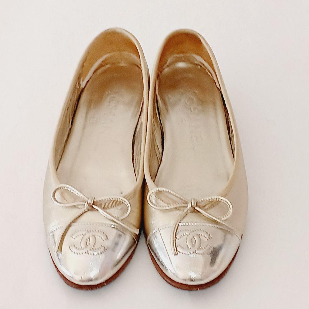 シャネル バレエシューズ ココマーク リボン フラットシューズ ゴールド