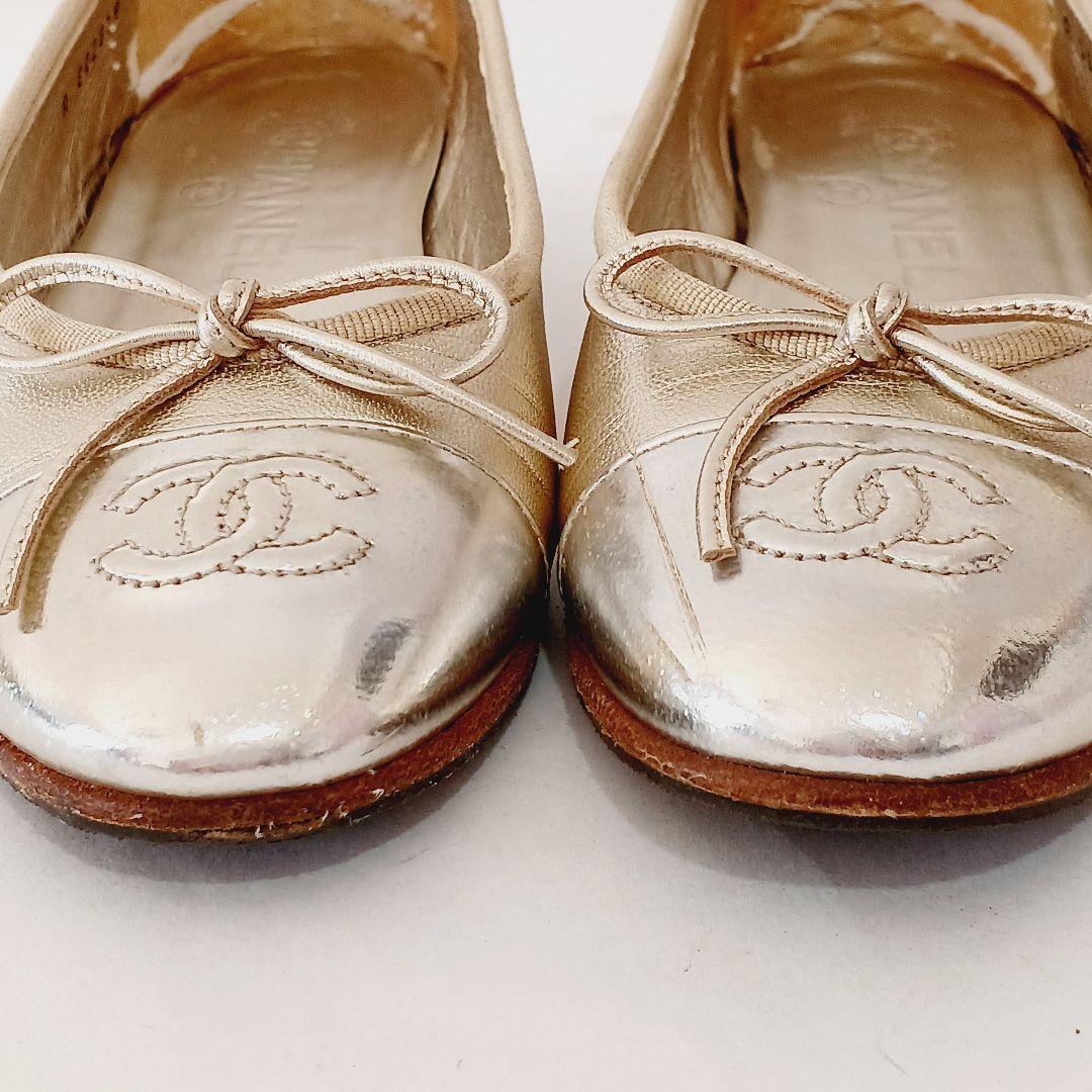 シャネル バレエシューズ ココマーク リボン フラットシューズ ゴールド