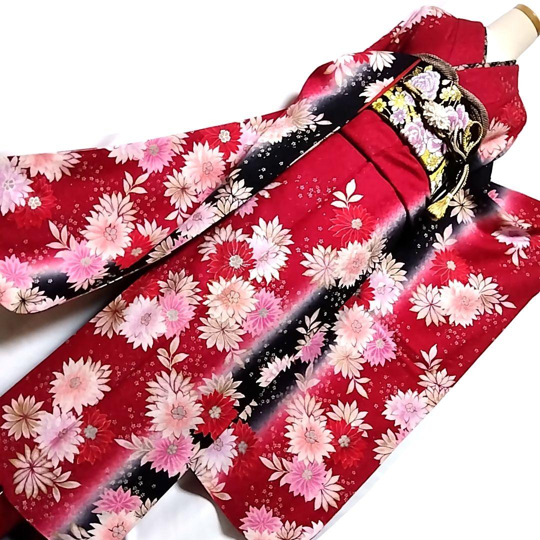 振袖 成人式 赤 袋帯 セット 黒 銀通し 縦ぼかし 裄丈67 裄67