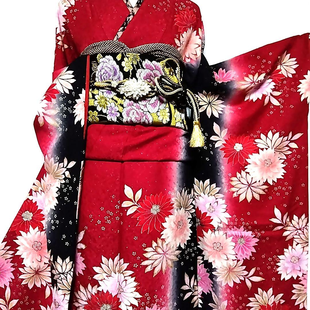 振袖 成人式 赤 袋帯 セット 黒 銀通し 縦ぼかし 裄丈67 裄67