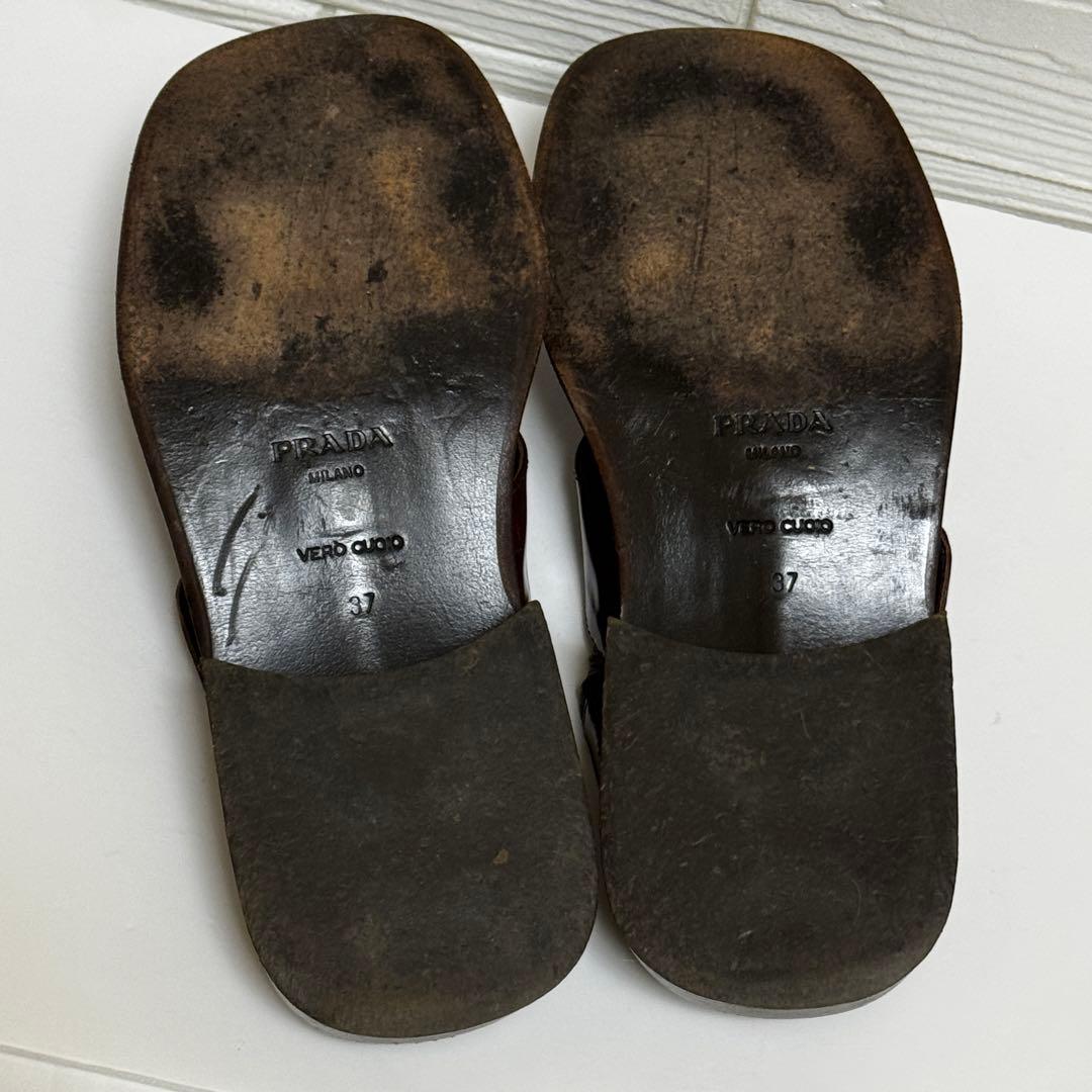 プラダ PRADA サンダル ブラウン ビッグバックル ヴィンテージ風 37