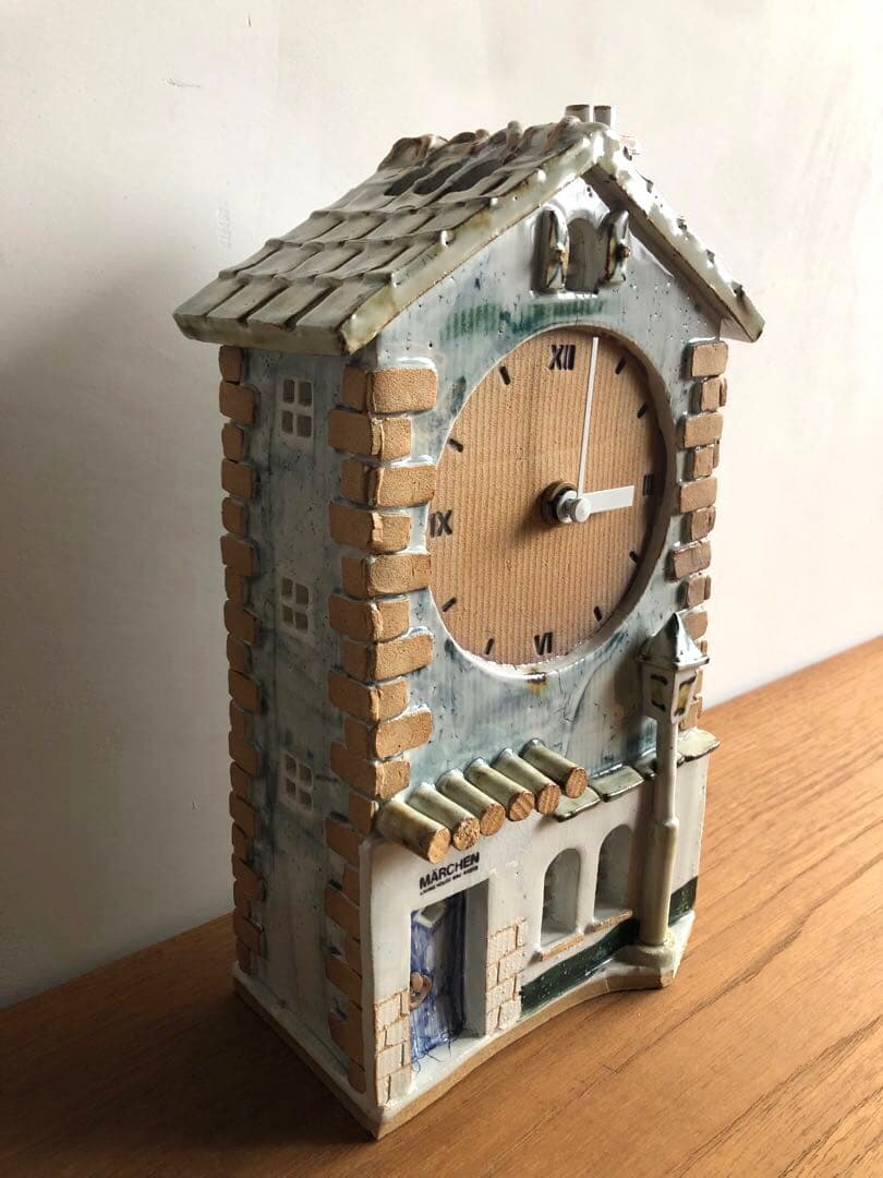 ドイツ ヴィンテージ 北欧雑貨 置き時計 陶器 煙突のある家 作家サイン 動良好