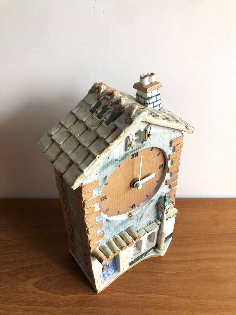 ドイツ ヴィンテージ 北欧雑貨 置き時計 陶器 煙突のある家 作家サイン 動良好