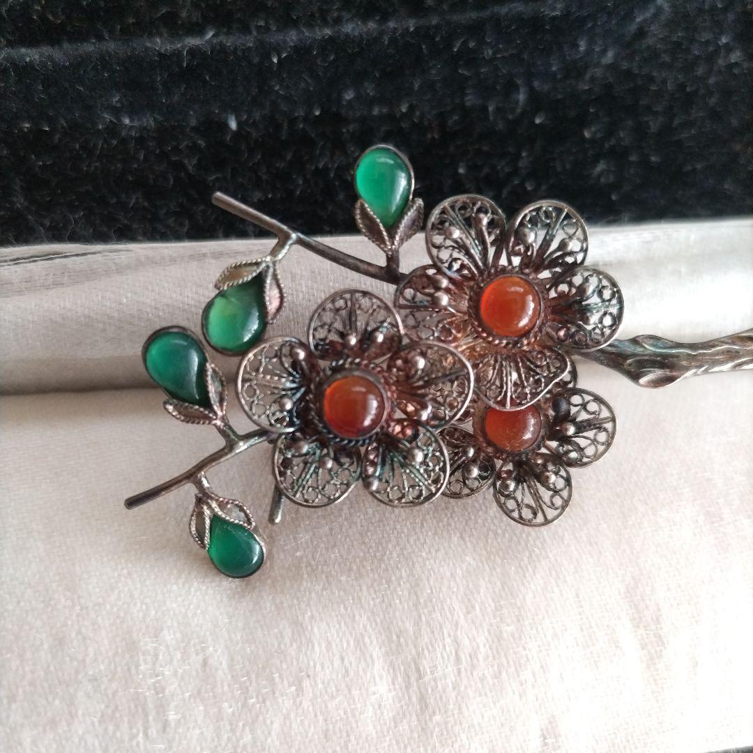 梅 銀線細工 ブローチ SILVER ヴィンテージ フィリグリー 中国古玩 簪