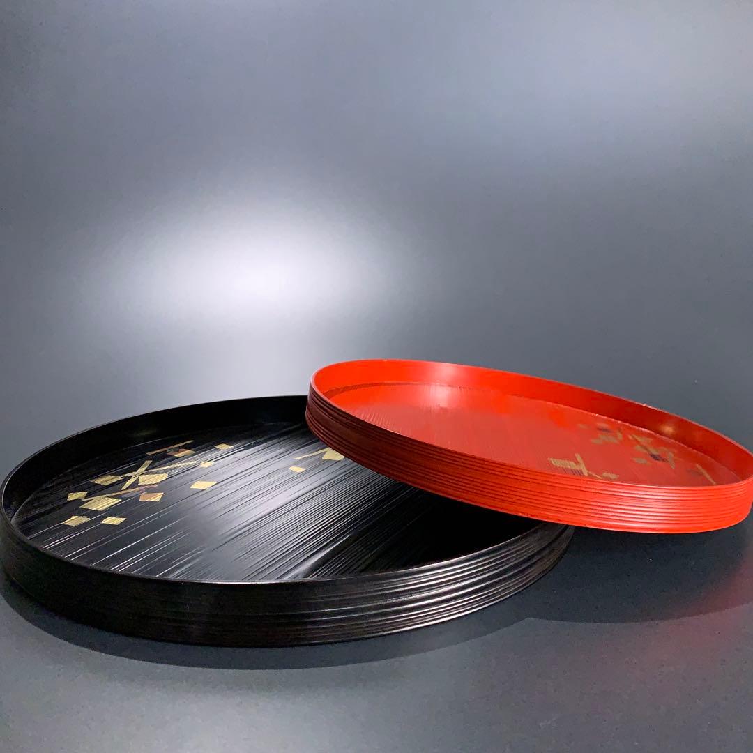 漆塗　丸盆２枚セット　象彦　運び盆　金銀彩　R0726ダ