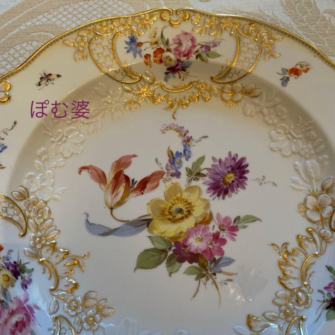 【古マイセン】金彩 花絵皿「ノイマルセイユ／ブーケと昆虫」No.12 ※難有り