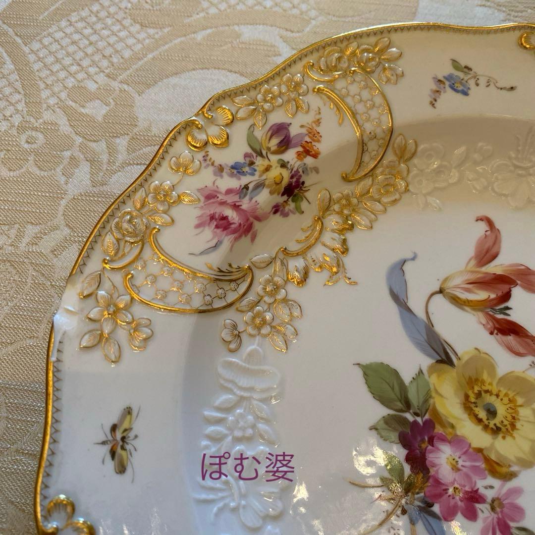 【古マイセン】金彩 花絵皿「ノイマルセイユ／ブーケと昆虫」No.12 ※難有り