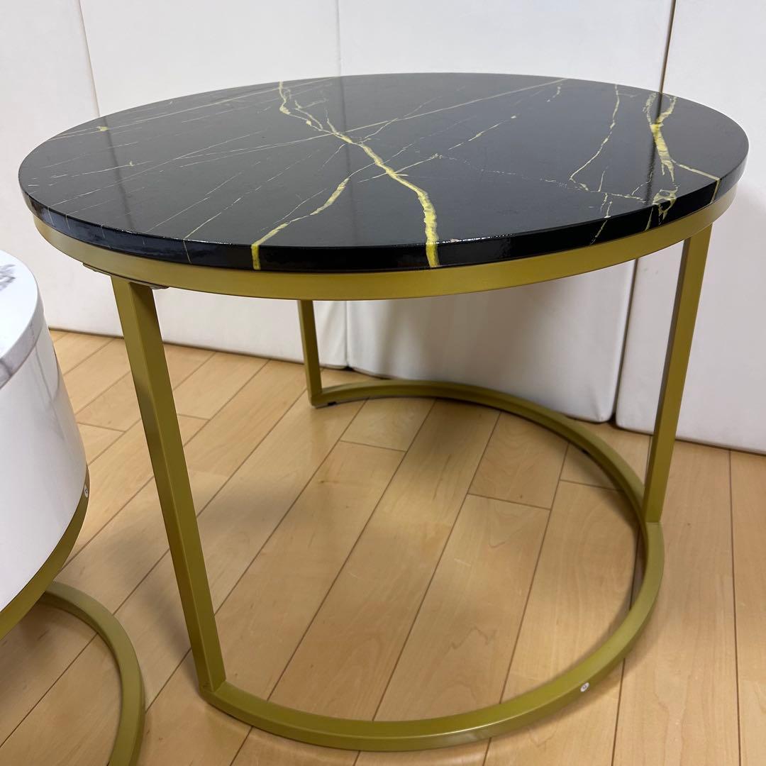 ネストテーブル サイドテーブル ナイトテーブル　丸 引出付き 収納　大理石調