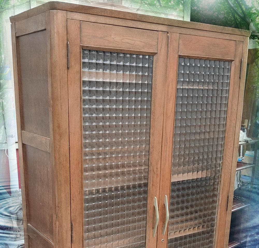 (送料設置込)アンティーク☆鱗ガラス☆食器棚☆飾り棚☆昭和レトロ本棚キャビネット