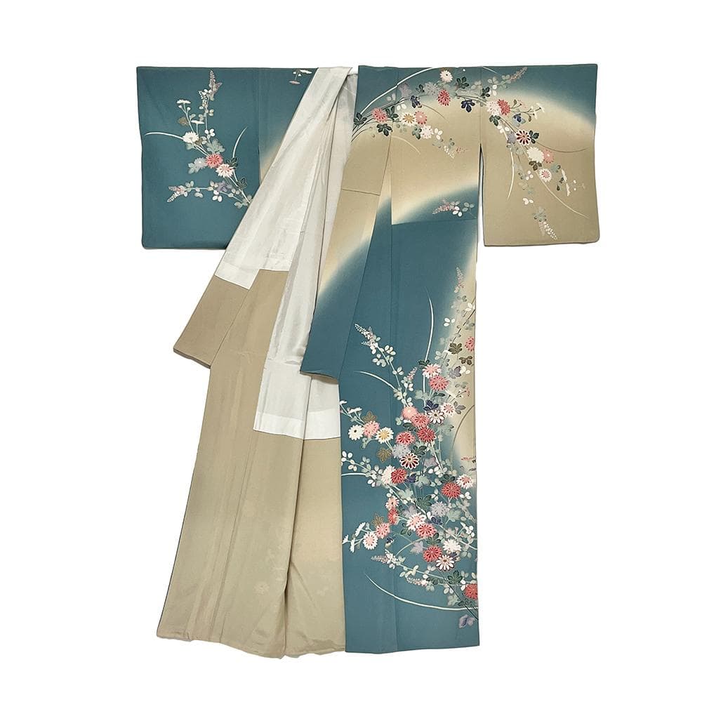 十日町友禅 正絹 訪問着 ちりめん 中古 水色 手描友禅 №ymk0049